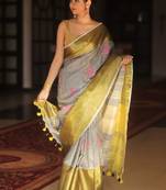 Handmade bhagalpuri embroiderd linen saree in grey shade with blouse piece