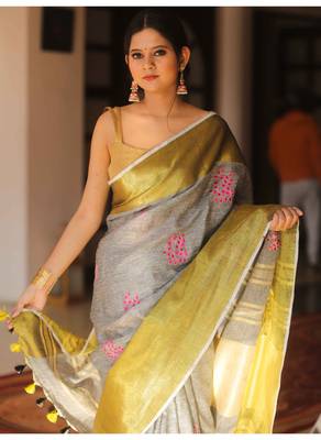 Handmade bhagalpuri embroiderd linen saree in grey shade with blouse piece 3