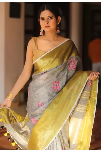 Handmade bhagalpuri embroiderd linen saree in grey shade with blouse piece