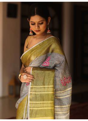 Handmade bhagalpuri embroiderd linen saree in grey shade with blouse piece 4