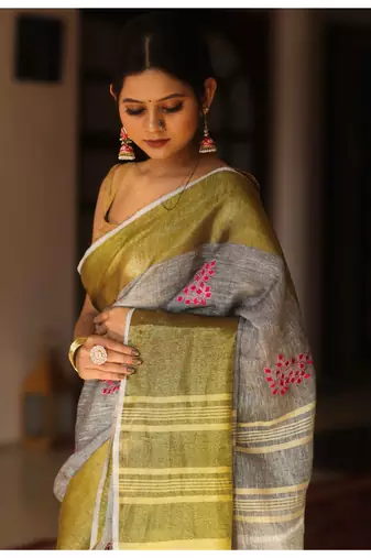 Handmade bhagalpuri embroiderd linen saree in grey shade with blouse piece