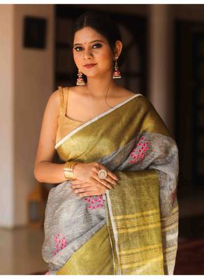 Handmade bhagalpuri embroiderd linen saree in grey shade with blouse piece 5