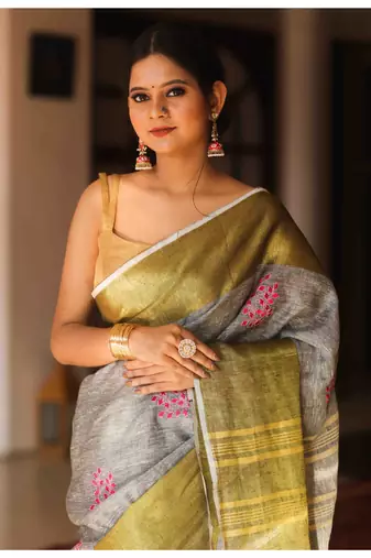 Handmade bhagalpuri embroiderd linen saree in grey shade with blouse piece