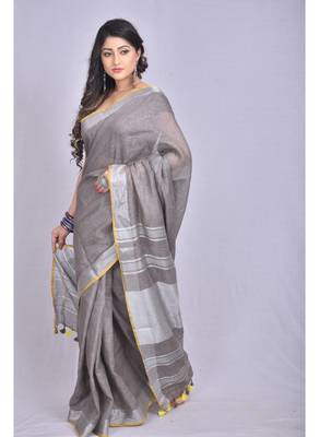 Handmade bhagalpuri linen saree with contrast border in grey shade with blouse piece 2