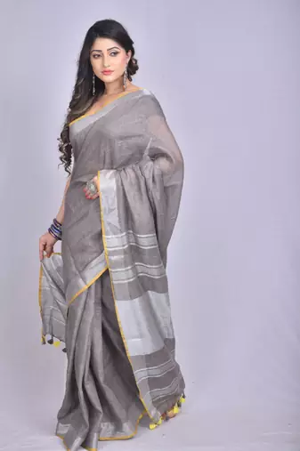 Handmade bhagalpuri linen saree with contrast border in grey shade with blouse piece