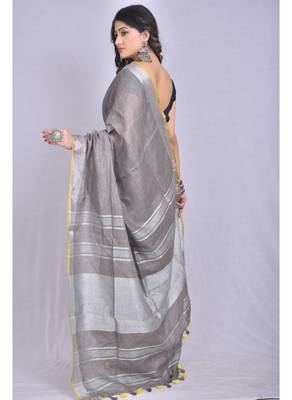 Handmade bhagalpuri linen saree with contrast border in grey shade with blouse piece 3
