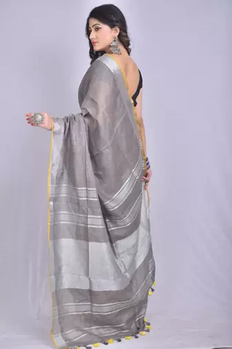 Handmade bhagalpuri linen saree with contrast border in grey shade with blouse piece