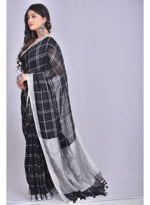 Handmade bhagalpuri linen saree with zaru checks in black shade with blouse piece 2