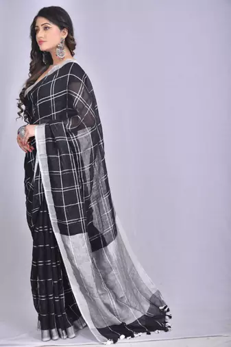 Handmade bhagalpuri linen saree with zaru checks in black shade with blouse piece