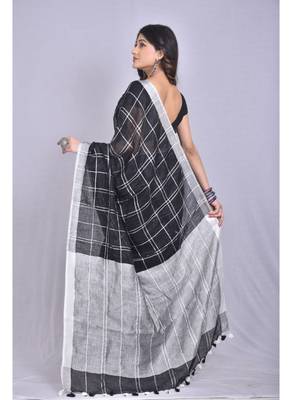 Handmade bhagalpuri linen saree with zaru checks in black shade with blouse piece 3