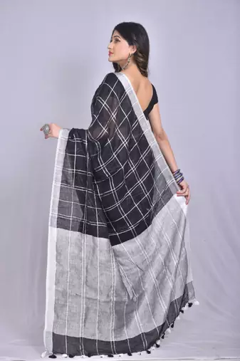 Handmade bhagalpuri linen saree with zaru checks in black shade with blouse piece