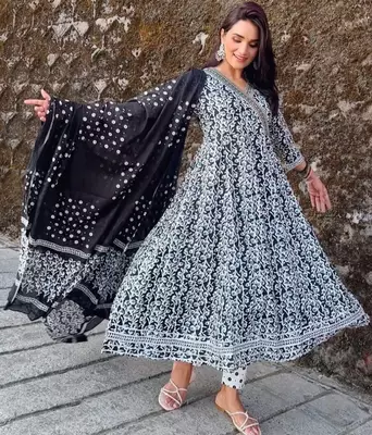 Jaipuri black pure cotton anarkali gown and pants with dupatta 1