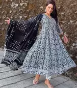 Jaipuri black pure cotton anarkali gown and pants with dupatta