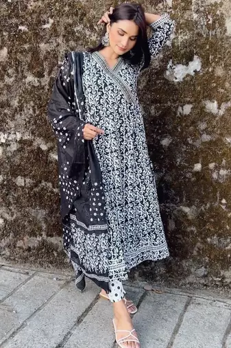 Jaipuri black pure cotton anarkali gown and pants with dupatta