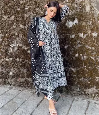 Jaipuri black pure cotton anarkali gown and pants with dupatta 3