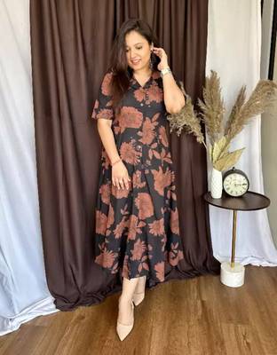 Jaipuri black floral cotton printed flair dress 1