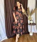 Jaipuri black floral cotton printed flair dress