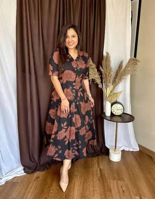 Jaipuri black floral cotton printed flair dress 2