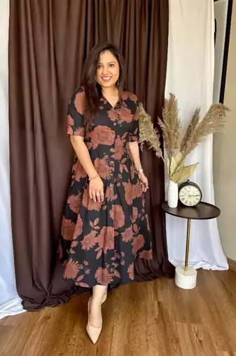 Jaipuri black floral cotton printed flair dress