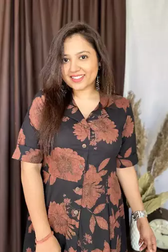 Jaipuri black floral cotton printed flair dress