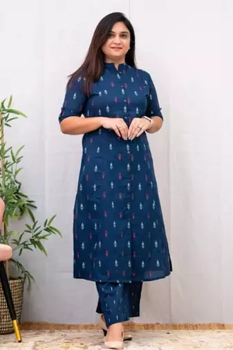 Jaipuri pure cotton blue a-line casual coord set