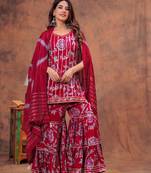 Red indian pakistani readymade floral printed sleeveless salwar kameez set indian designer muslin sharara set
