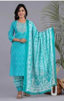 Jaipuri blue cotton afgani printed embroidered kurtaand pant with dupatta 1