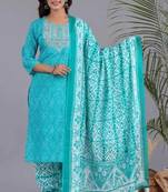 Jaipuri blue cotton afgani printed embroidered kurtaand pant with dupatta
