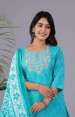 Jaipuri blue cotton afgani printed embroidered kurtaand pant with dupatta 2