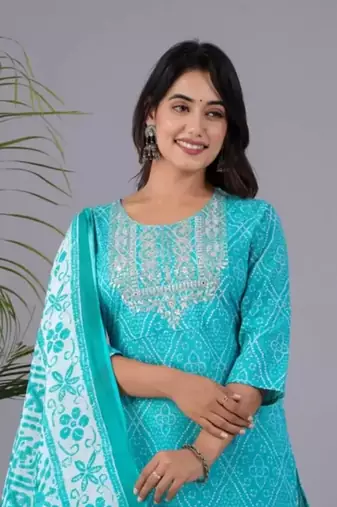 Jaipuri blue cotton afgani printed embroidered kurtaand pant with dupatta