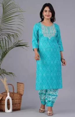 Jaipuri blue cotton afgani printed embroidered kurtaand pant with dupatta 3