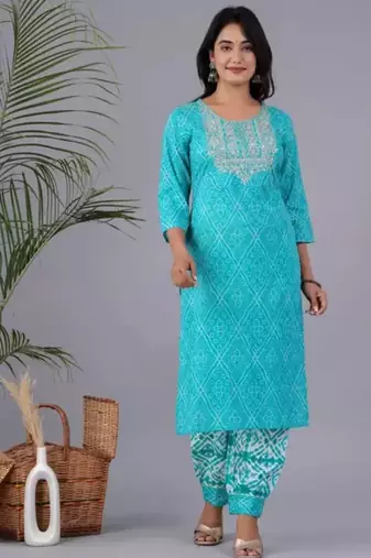 Jaipuri blue cotton afgani printed embroidered kurtaand pant with dupatta
