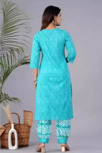 Jaipuri blue cotton afgani printed embroidered kurtaand pant with dupatta