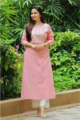 Jaipuri light pink cotton kurti with foil mirror embroidery and pant with lace work 1