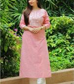 Jaipuri light pink cotton kurti with foil mirror embroidery and pant with lace work