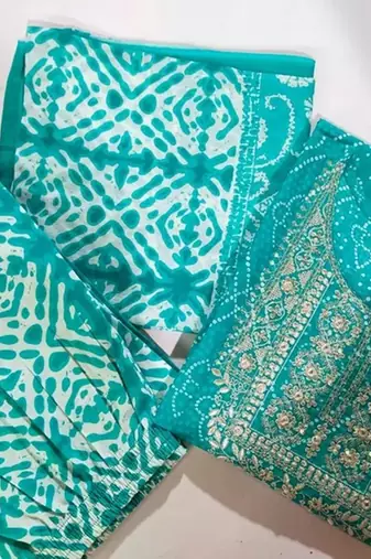 Jaipuri blue cotton afgani printed embroidered kurtaand pant with dupatta