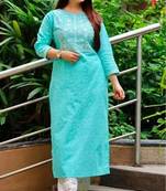 Jaipuri light blue cotton kurti with foil mirror embroidery and pant with lace work
