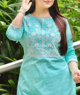 Jaipuri light blue cotton kurti with foil mirror embroidery and pant with lace work 3