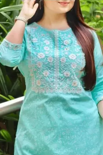 Jaipuri light blue cotton kurti with foil mirror embroidery and pant with lace work
