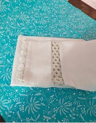 Jaipuri light blue cotton kurti with foil mirror embroidery and pant with lace work 4