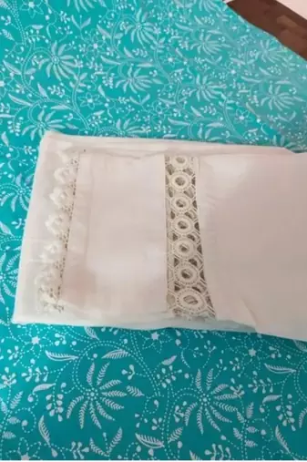 Jaipuri light blue cotton kurti with foil mirror embroidery and pant with lace work