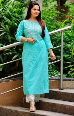 Jaipuri light blue cotton kurti with foil mirror embroidery and pant with lace work 5