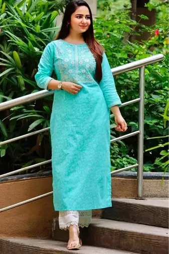 Jaipuri light blue cotton kurti with foil mirror embroidery and pant with lace work