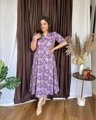 Jaipuri cotton blend stitched flared a-line purple gown 1