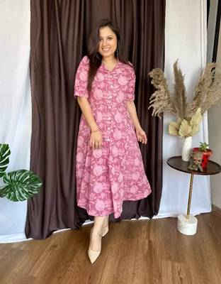 Jaipuri cotton blend stitched flared a-line onion pink gown 1