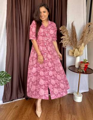 Jaipuri cotton blend stitched flared a-line onion pink gown 2