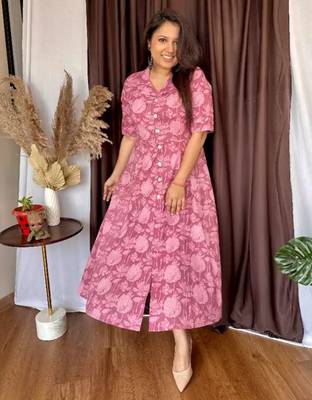 Jaipuri cotton blend stitched flared a-line onion pink gown 4