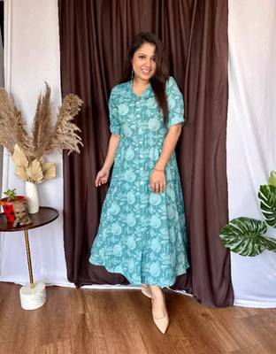 Jaipuri cotton blend stitched flared a-line  light green gown 1