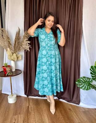 Jaipuri cotton blend stitched flared a-line  light green gown 2