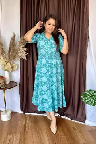 Jaipuri cotton blend stitched flared a-line  light green gown